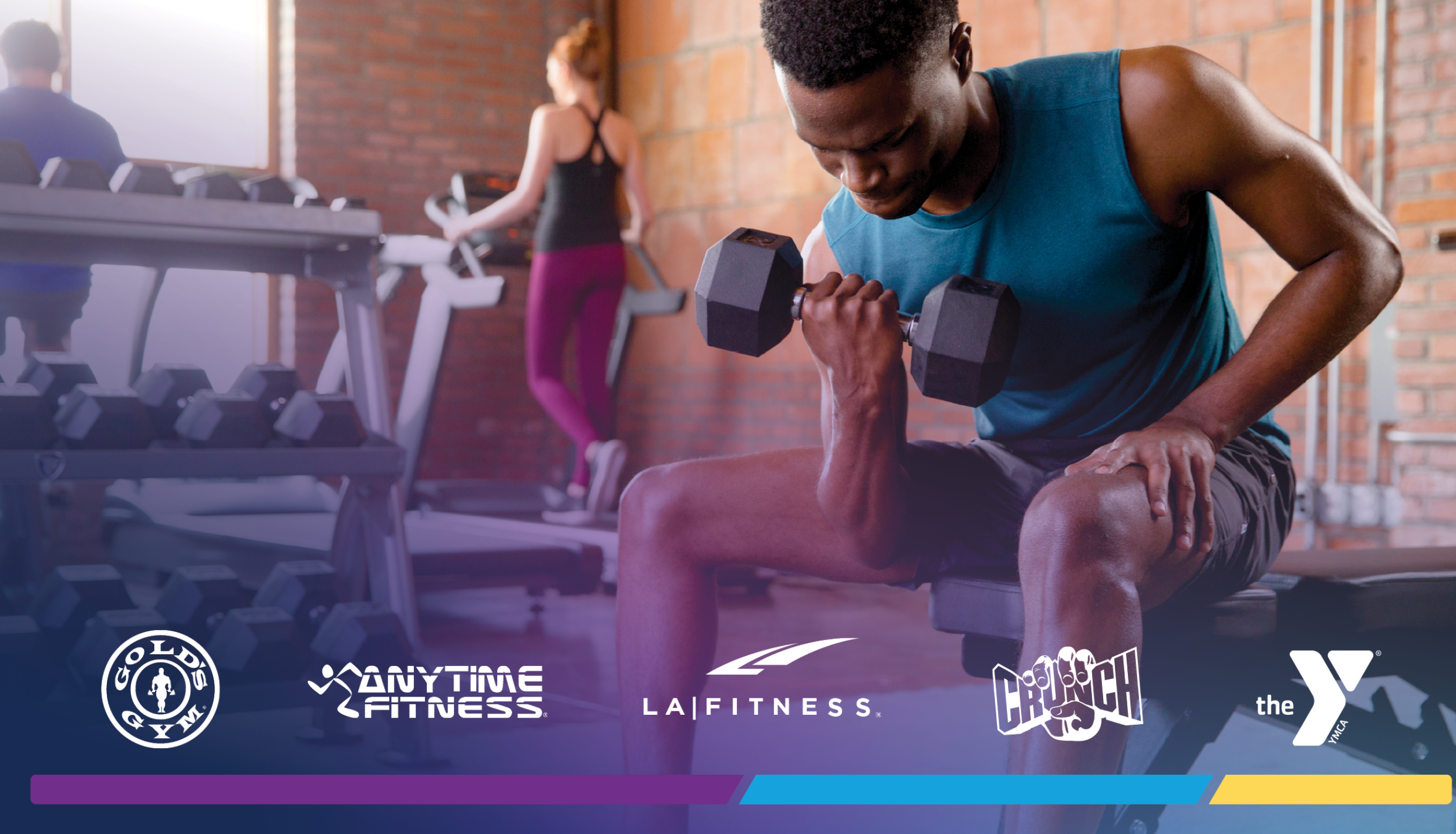 man lifting while woman is on treadmill with gym logos at the bottom