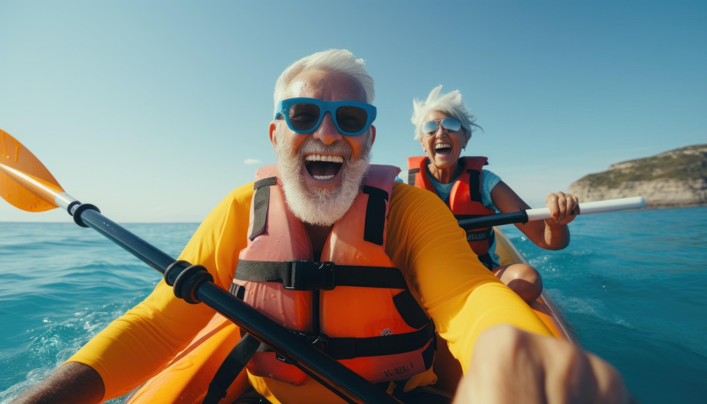 Older man and woman smiling in kayak
