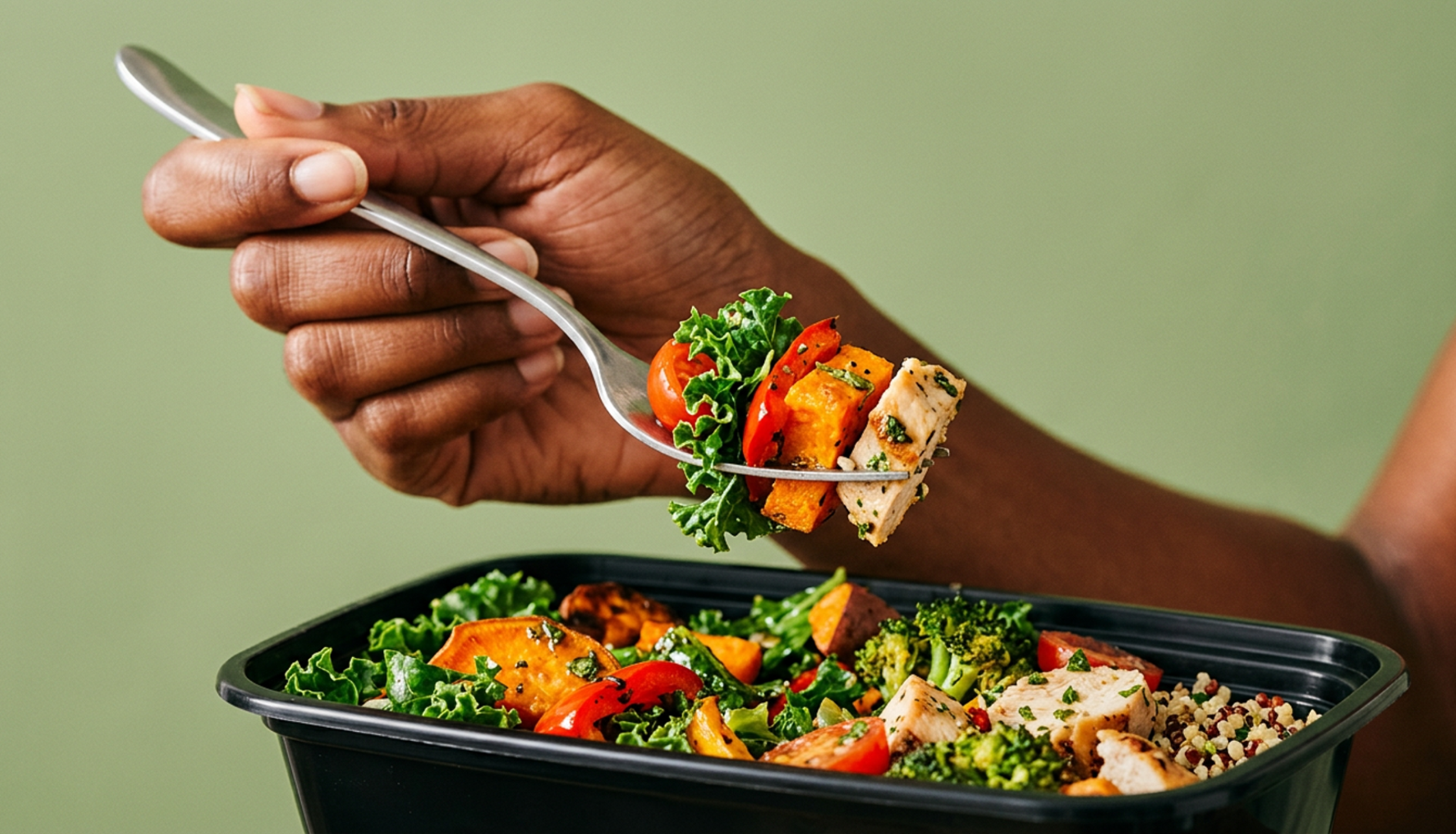 Hand holding fork and eating salad