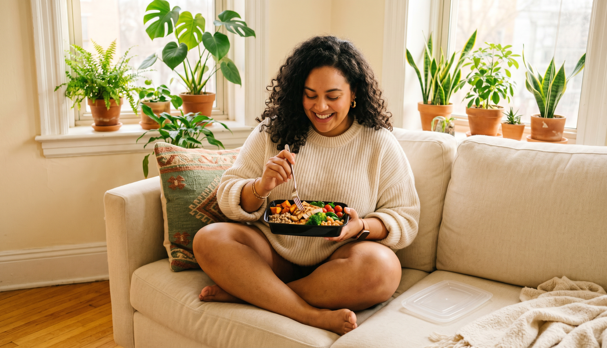 Woman eating and sitting on couch
