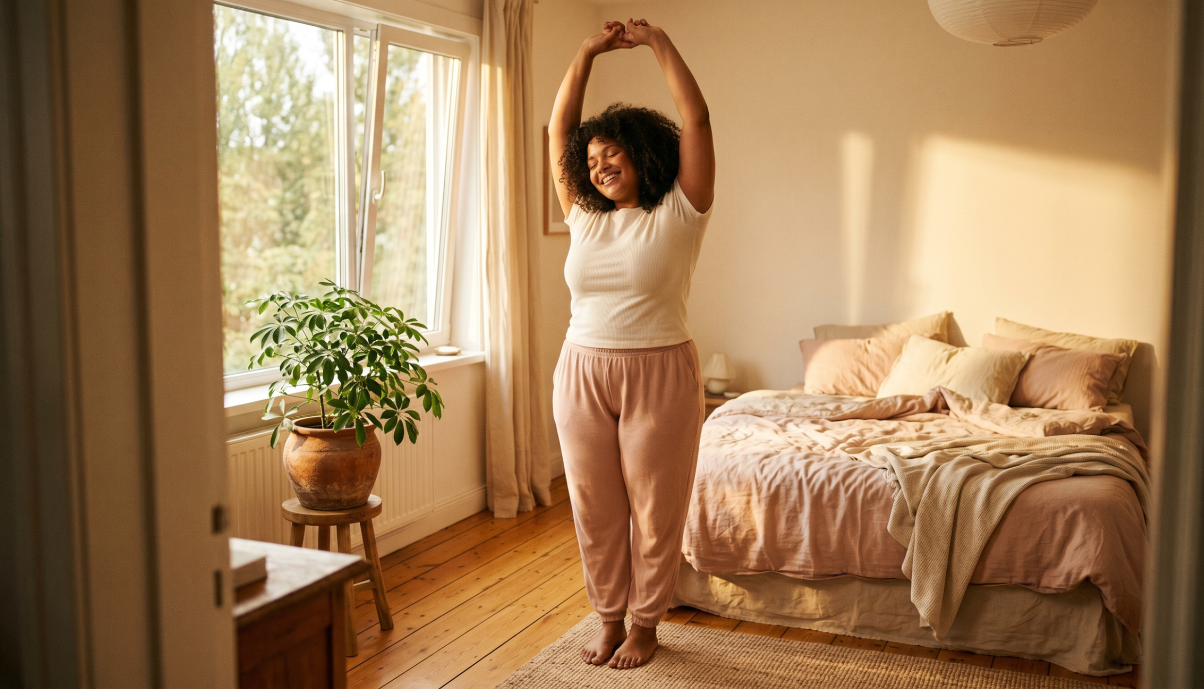 Woman stretching in bedroom