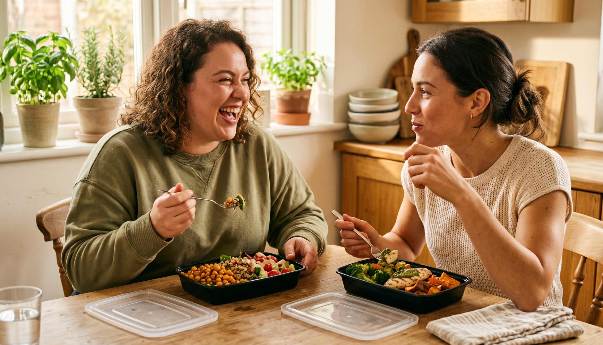 Two women eating at kitchen table