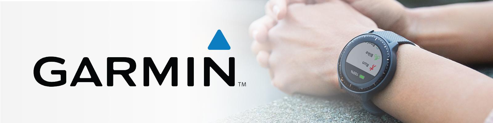 Garmin logo and folded hands wearing a Garmin watch