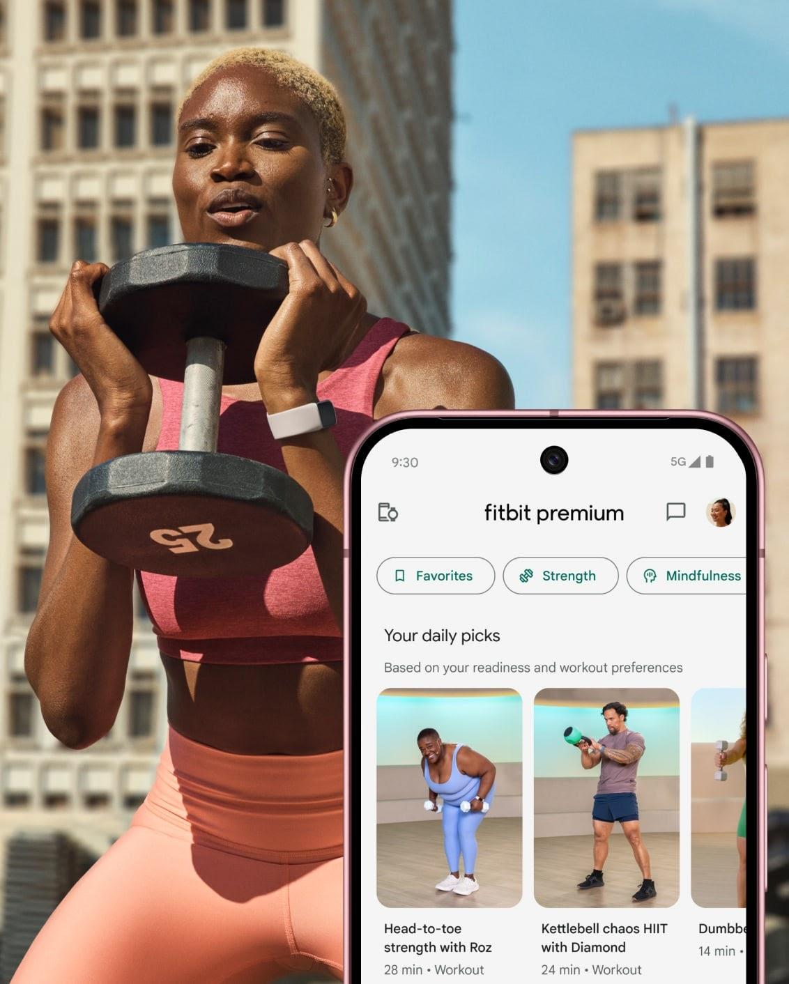 Woman lifting weight with fitbit premium app shown