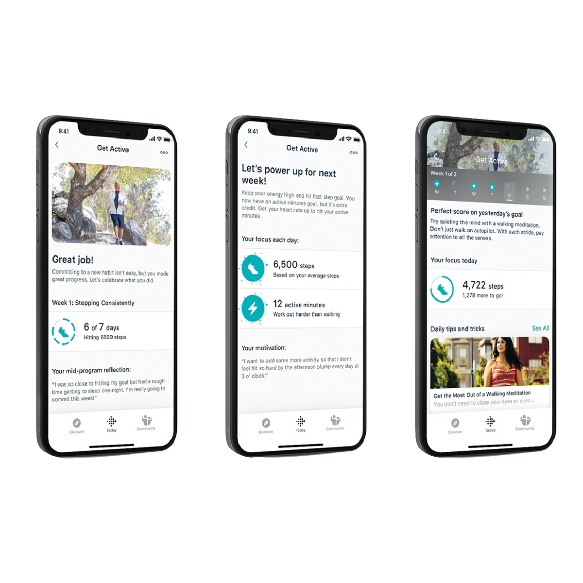 three phones showing Fitbit app