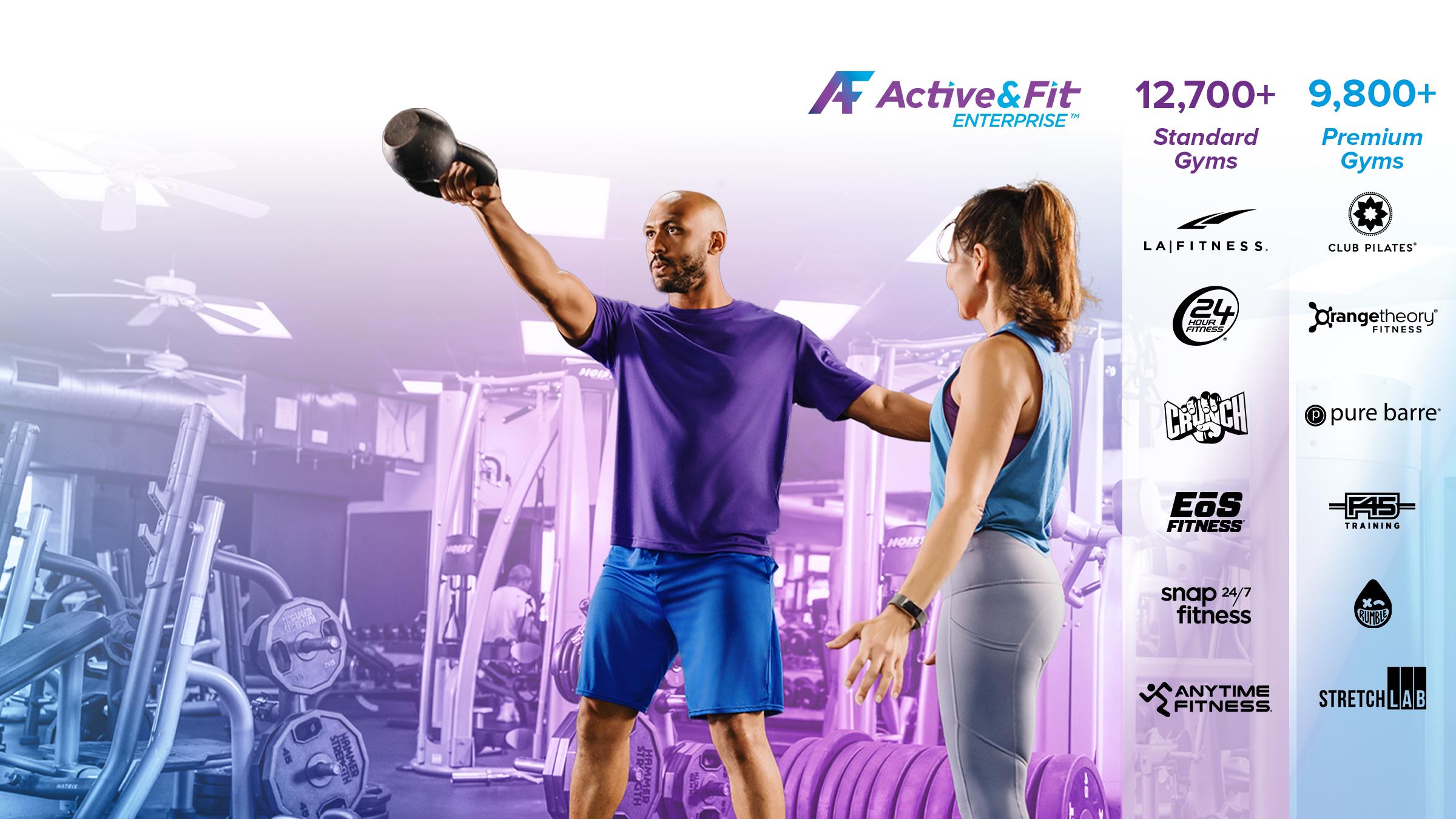 man and woman lifting weights at gym with gym logos on the right column