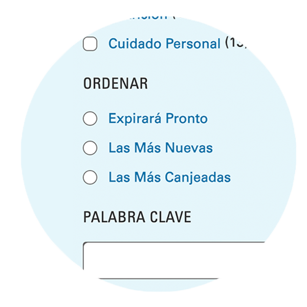 Herramienta de ordenamiento que muestra opciones para: próximo a vencer, más reciente y más canjeado