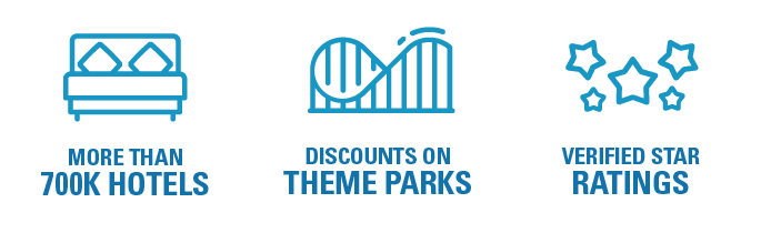 more than 700K hotels, discounts on theme parks, verified star ratings icons
