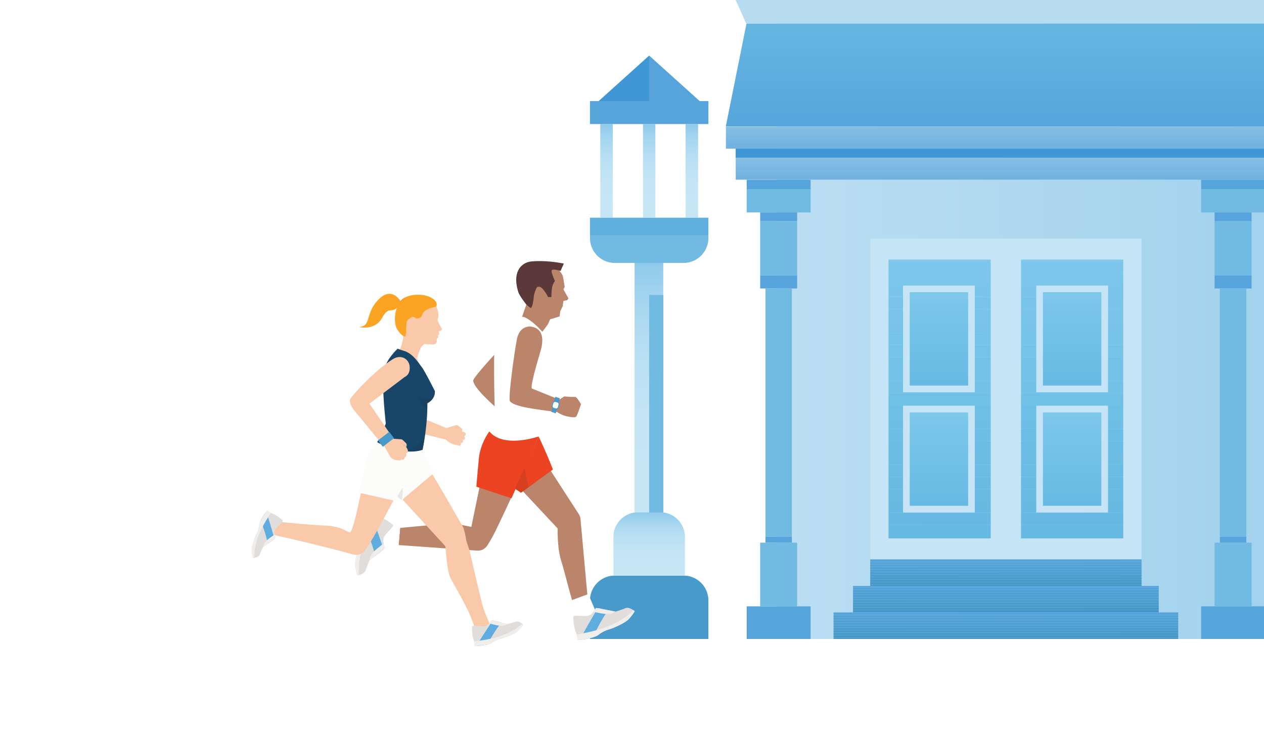 Woman and man jogging through a city
