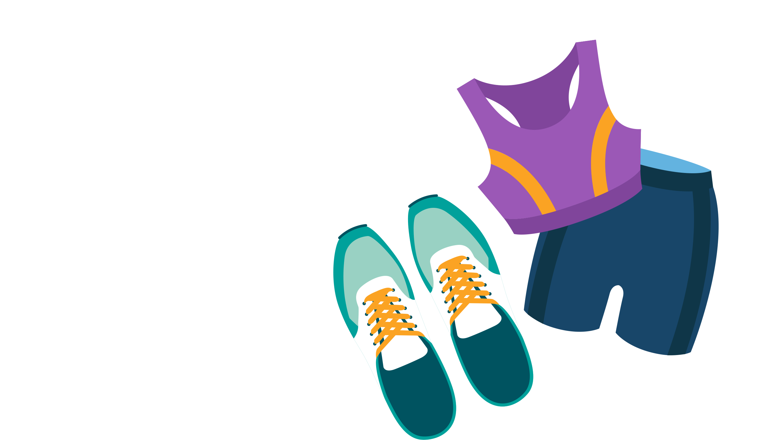 A pair of green shoes and a purple exercise shirt and blue shorts.