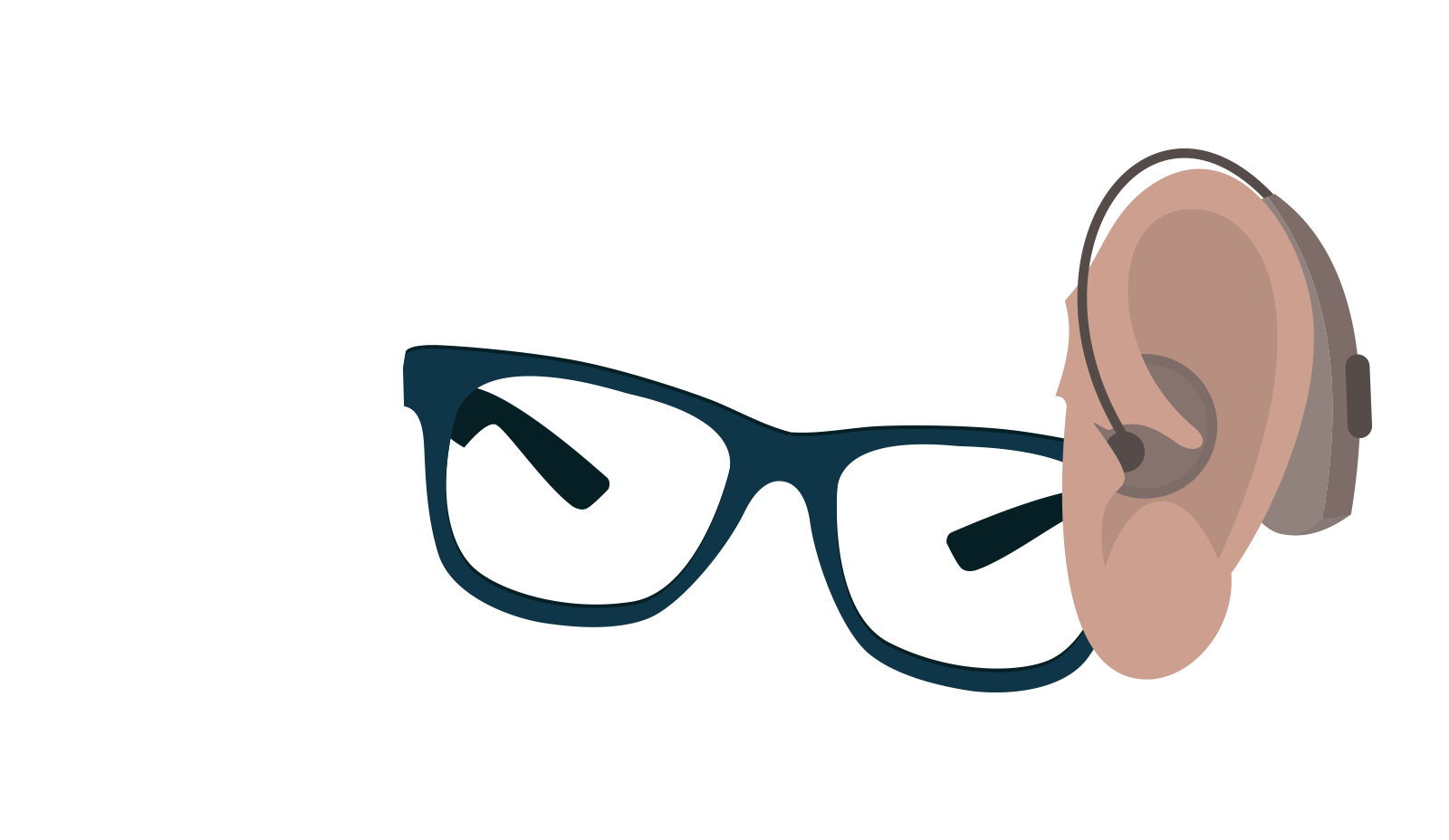 A pair of black glasses and an ear with a hearing aid.