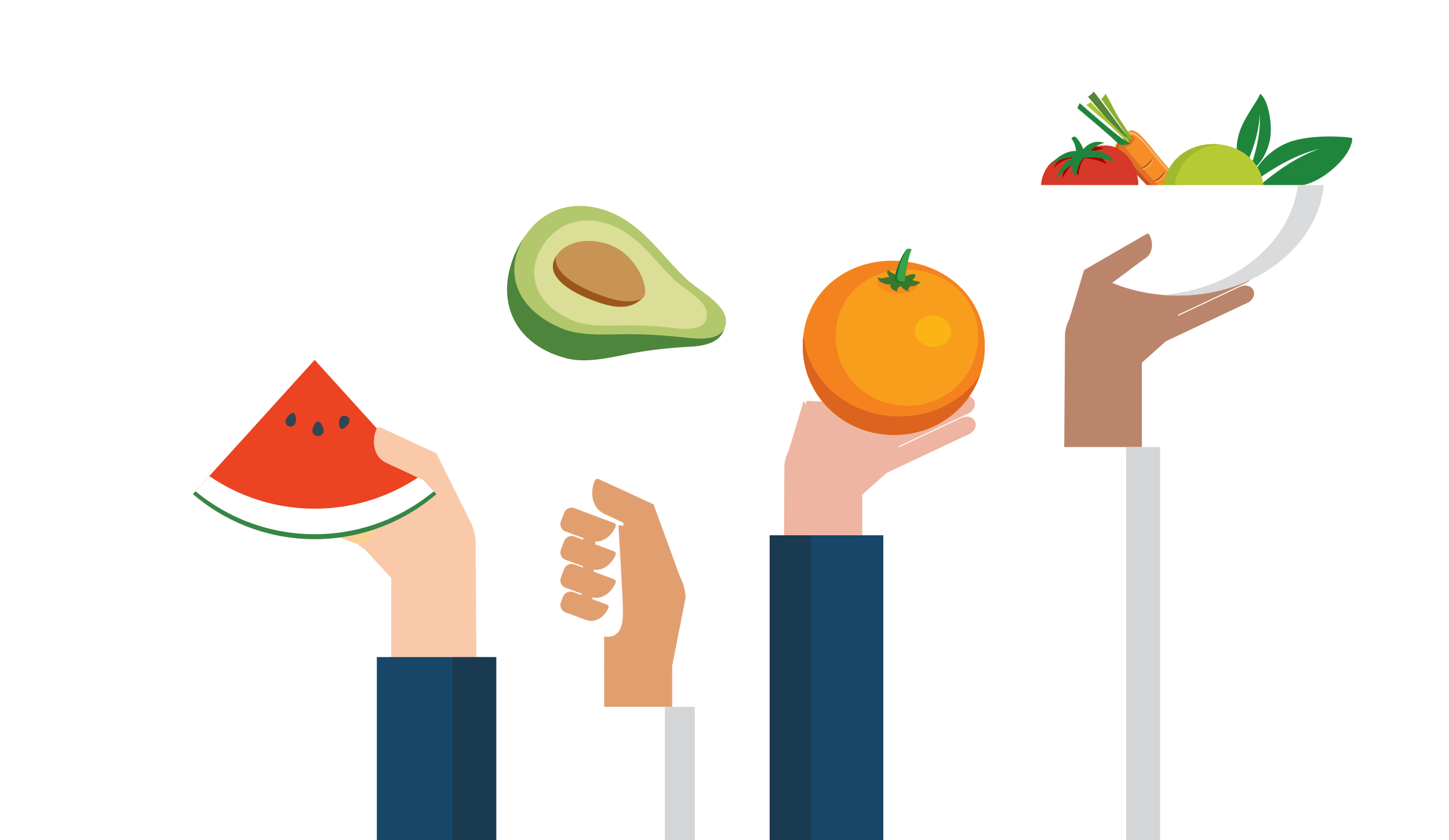 Four hands holding up a watermelon, avocado, orange and bowl of fruit.