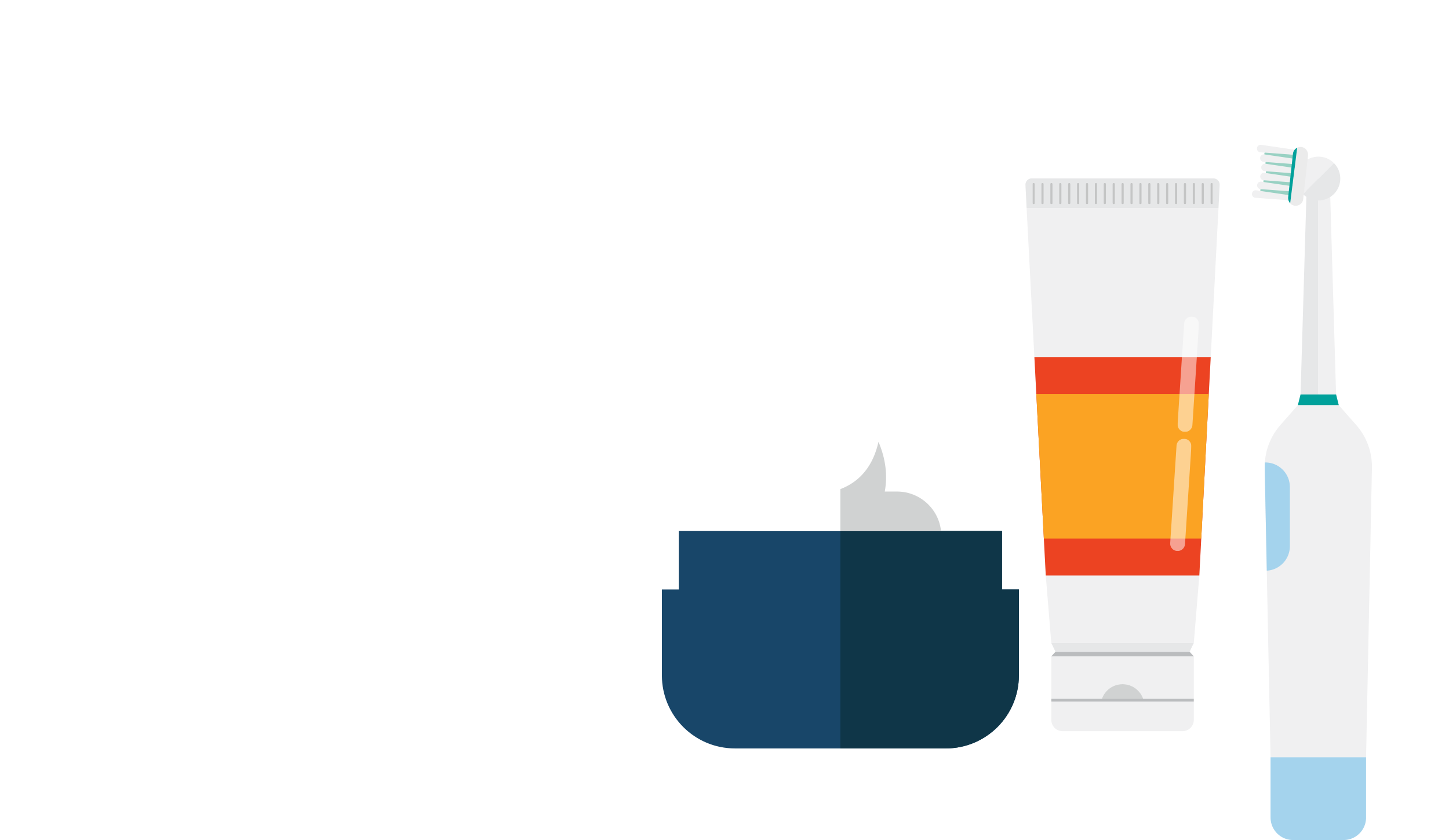 Un frasco de crema azul oscuro, un tubo de loción blanco y naranja y un cepillo de dientes mecánico.