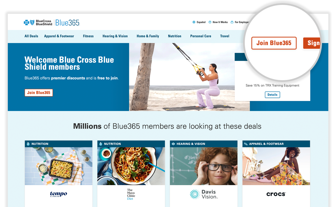Screenshot of Blue365 homepage showing join button