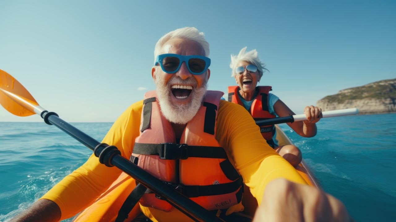 Older man and woman smiling in kayak