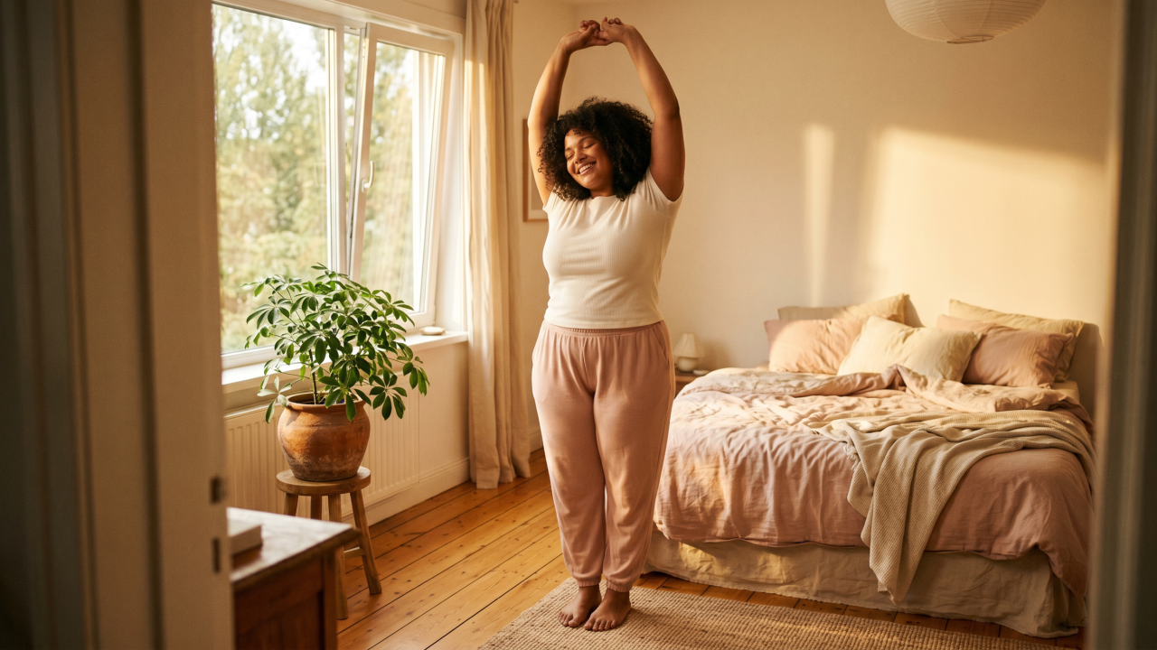 Mujer estirándose en el dormitorio