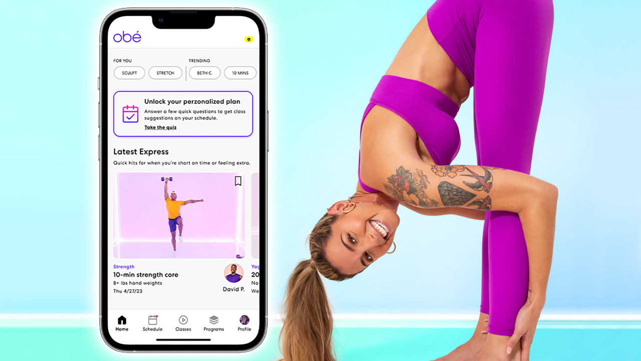 Woman exercising with cell phone showing data
