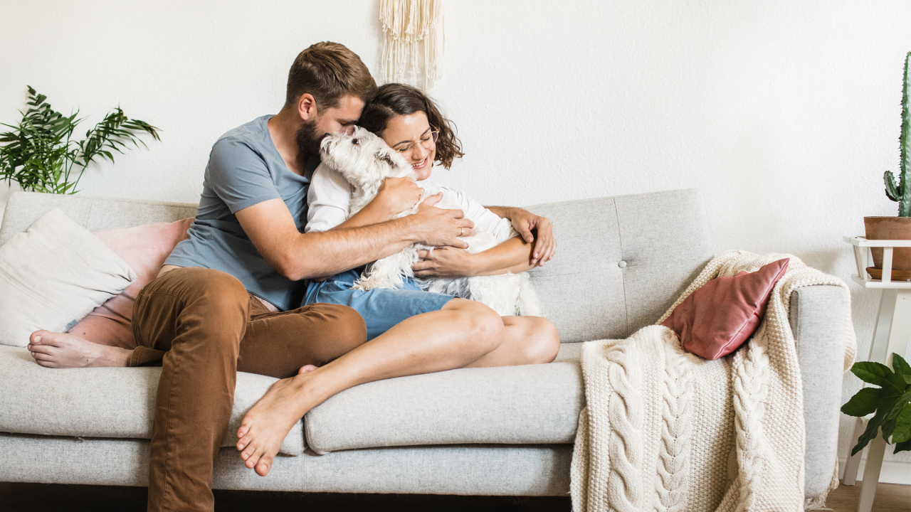 Pareja en un sillón con un perro