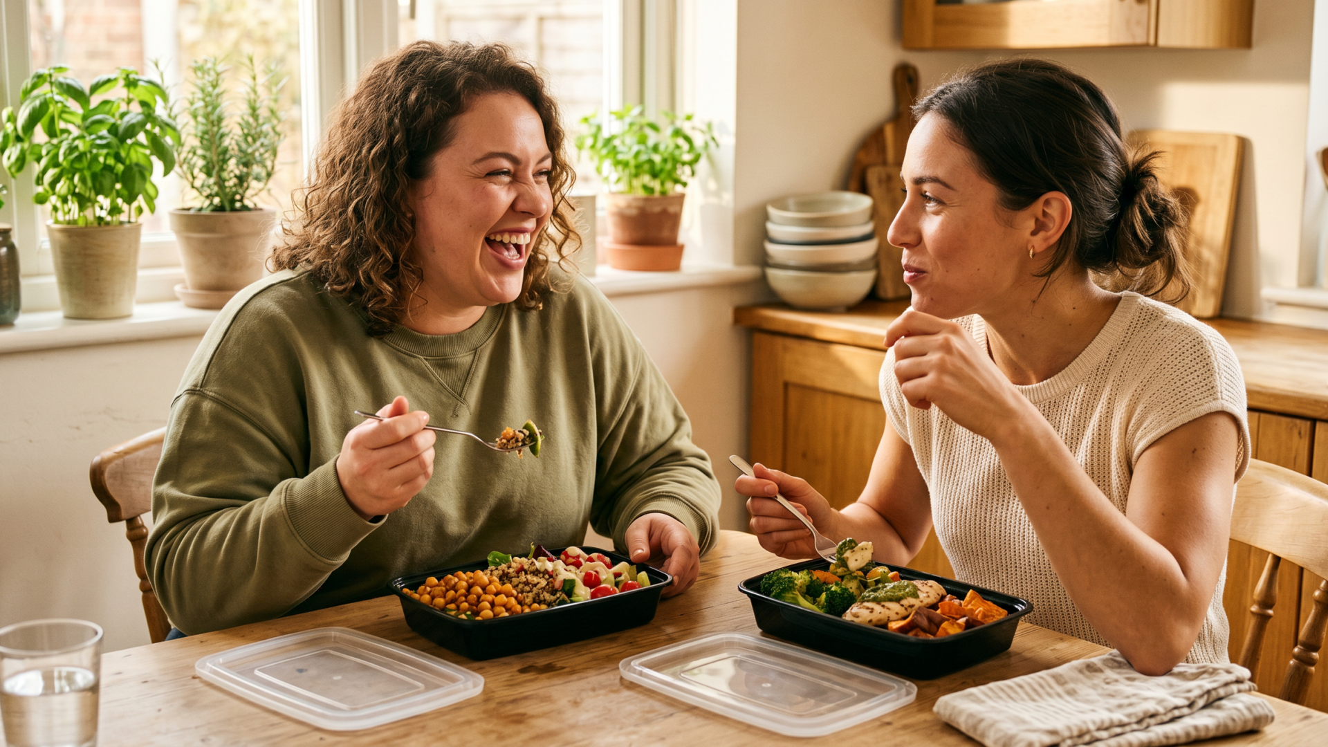 Two women eating at kitchen table