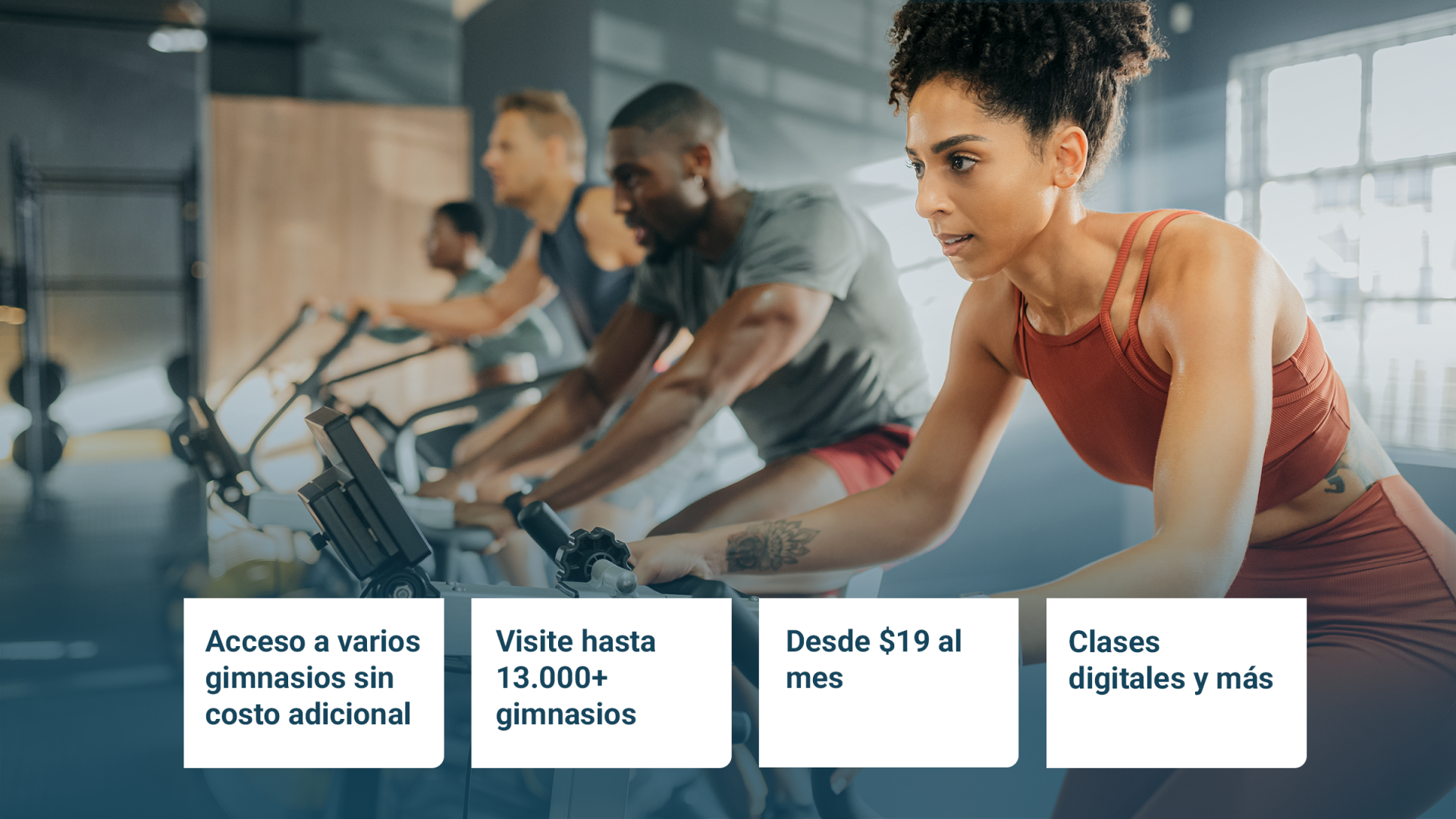 Personas en el gimnasio en bicicletas de spinning