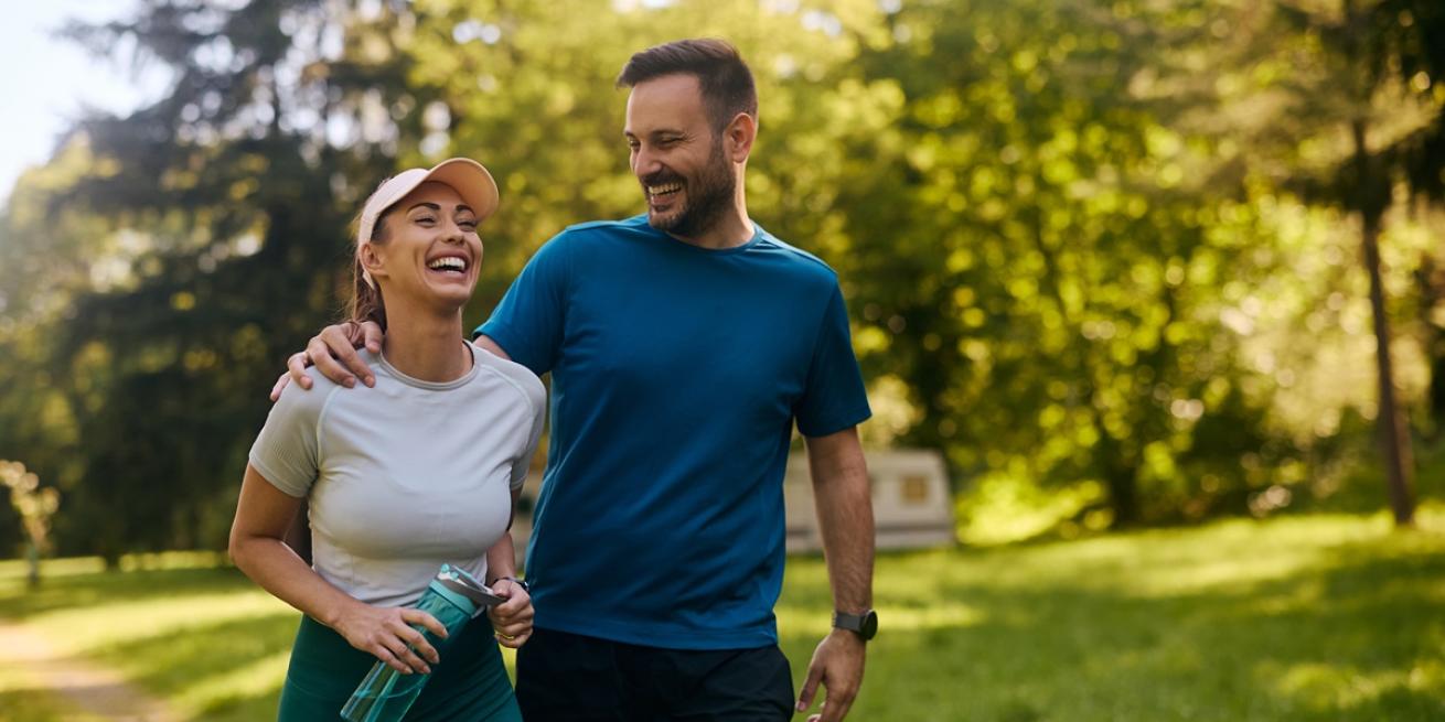 man and woman walking