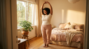 Woman stretching in bedroom
