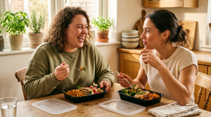 Two women eating at kitchen table