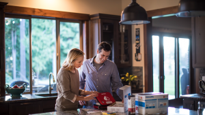 man and woman standing in kitchen looking at defribillator