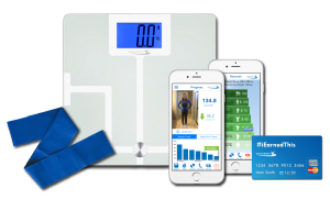 Scale, exercise band, mobile app and credit card